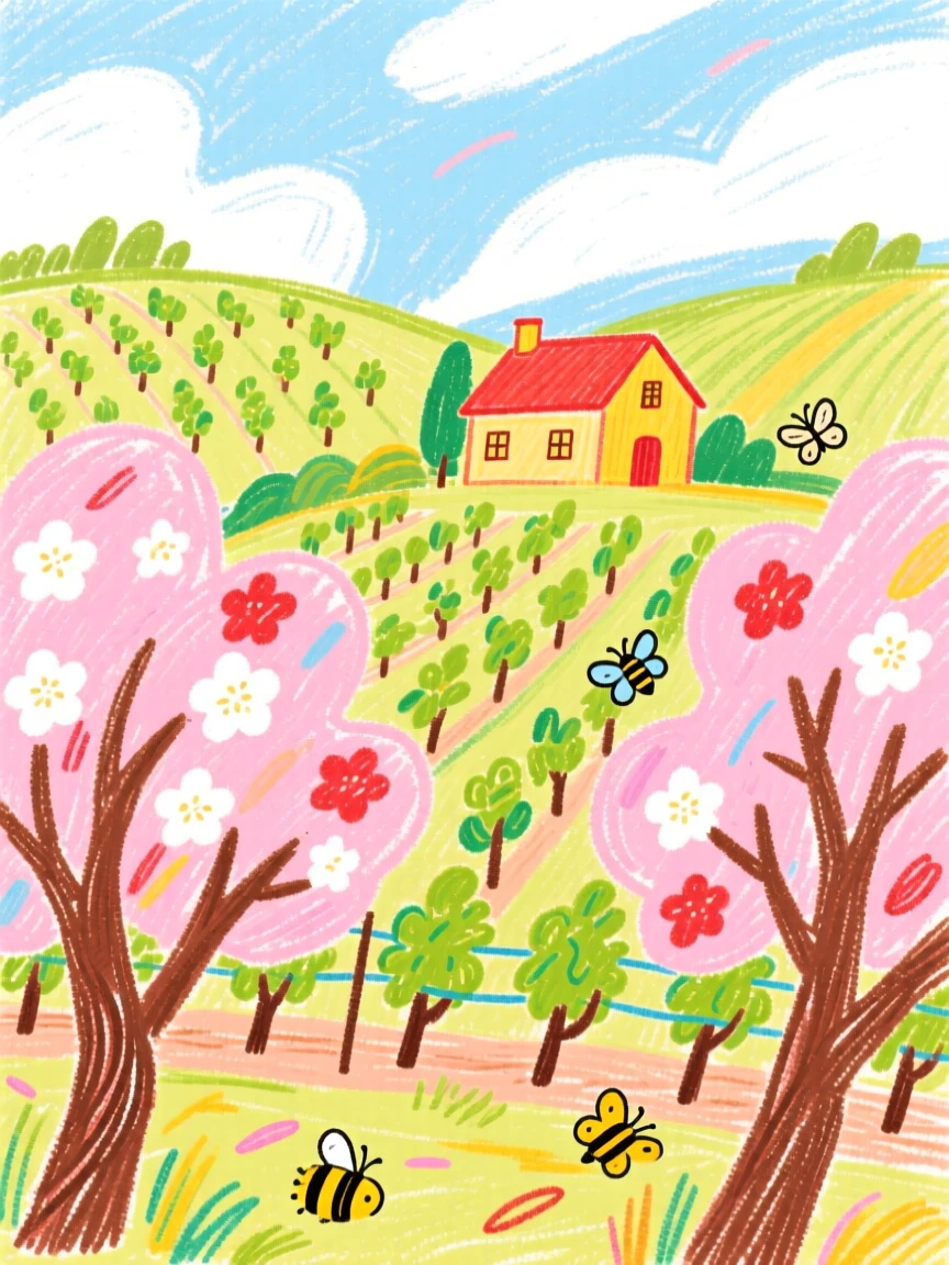 A view of a vineyard estate framed by blooming cherry trees in spring.