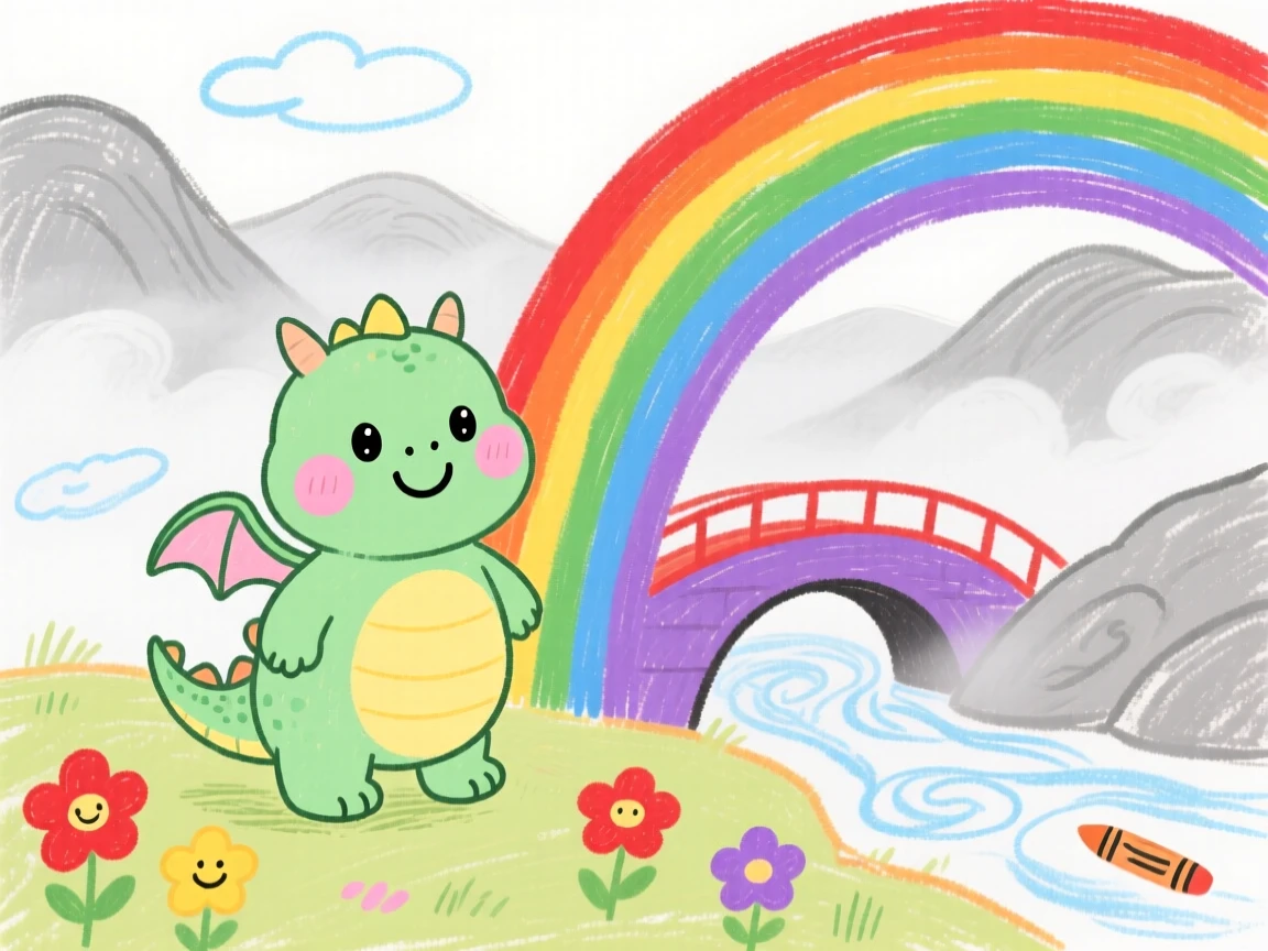A gentle baby dragon with tiny wings beside a rainbow bridge over a misty valley.