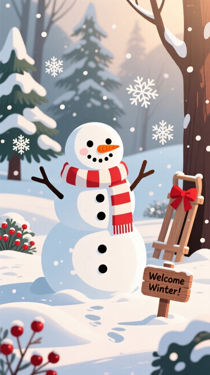A snowman wearing a striped scarf in a quiet snowy yard, surrounded by natural seasonal textures and light, arranged with a cheerful, seasonal charm, with charming small details that evoke the season perfectly.