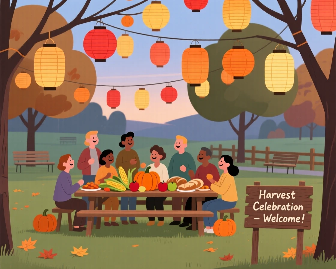 A harvest celebration with paper lanterns filling a community park.