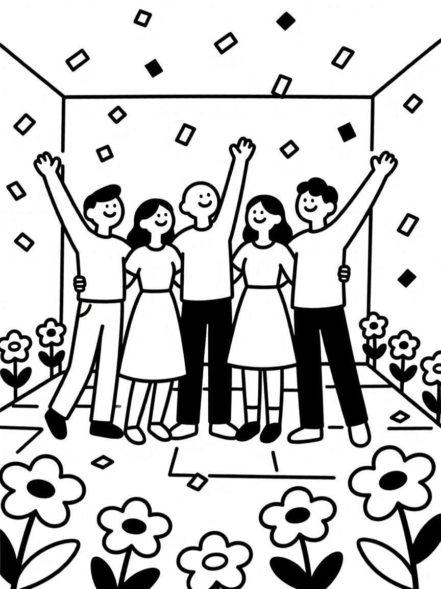 Friends gathered for a family reunion in a flower-filled courtyard, surrounded by confetti in the air, radiating triumphant joy.