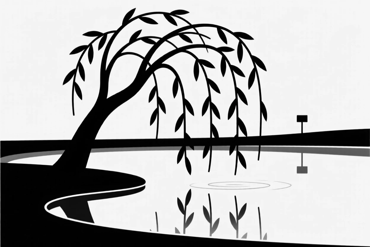 A weeping willow beside a quiet pond.