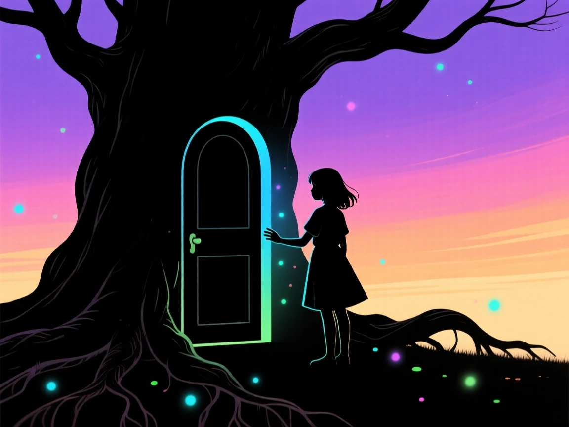 A young girl discovering a door hidden inside the roots of an old tree.
