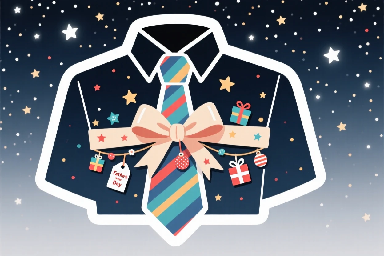 A festive and joyful Father's Day necktie wrapped as a gift, decorated with ribbons and small ornaments, under a sky full of stars on a special night.