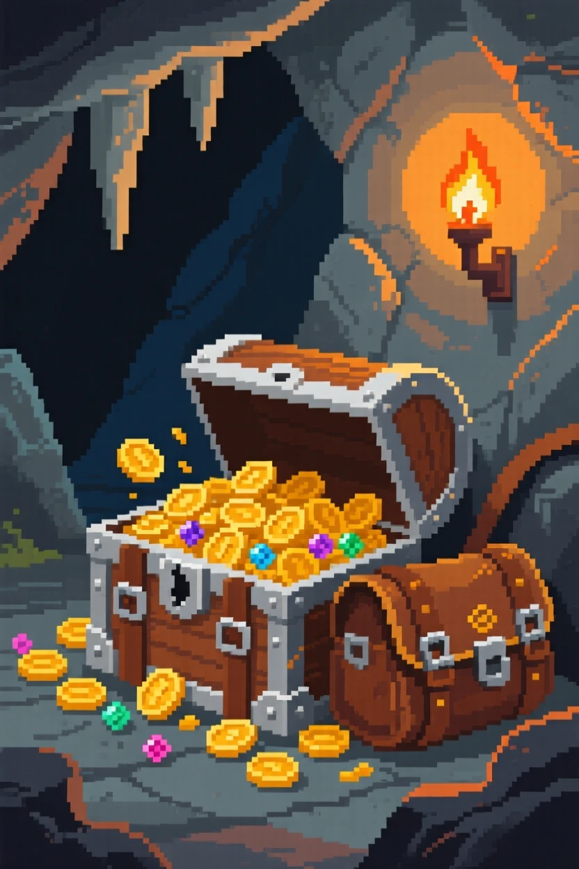 A treasure chest overflowing with gold tucked inside an adventurer's travel bag, within a cave lit by torchlight.