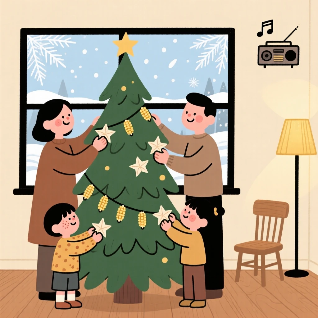 A family decorates a tall pine tree with strings of popcorn and paper stars while carols plays softly and frost coats the glass outside the window.