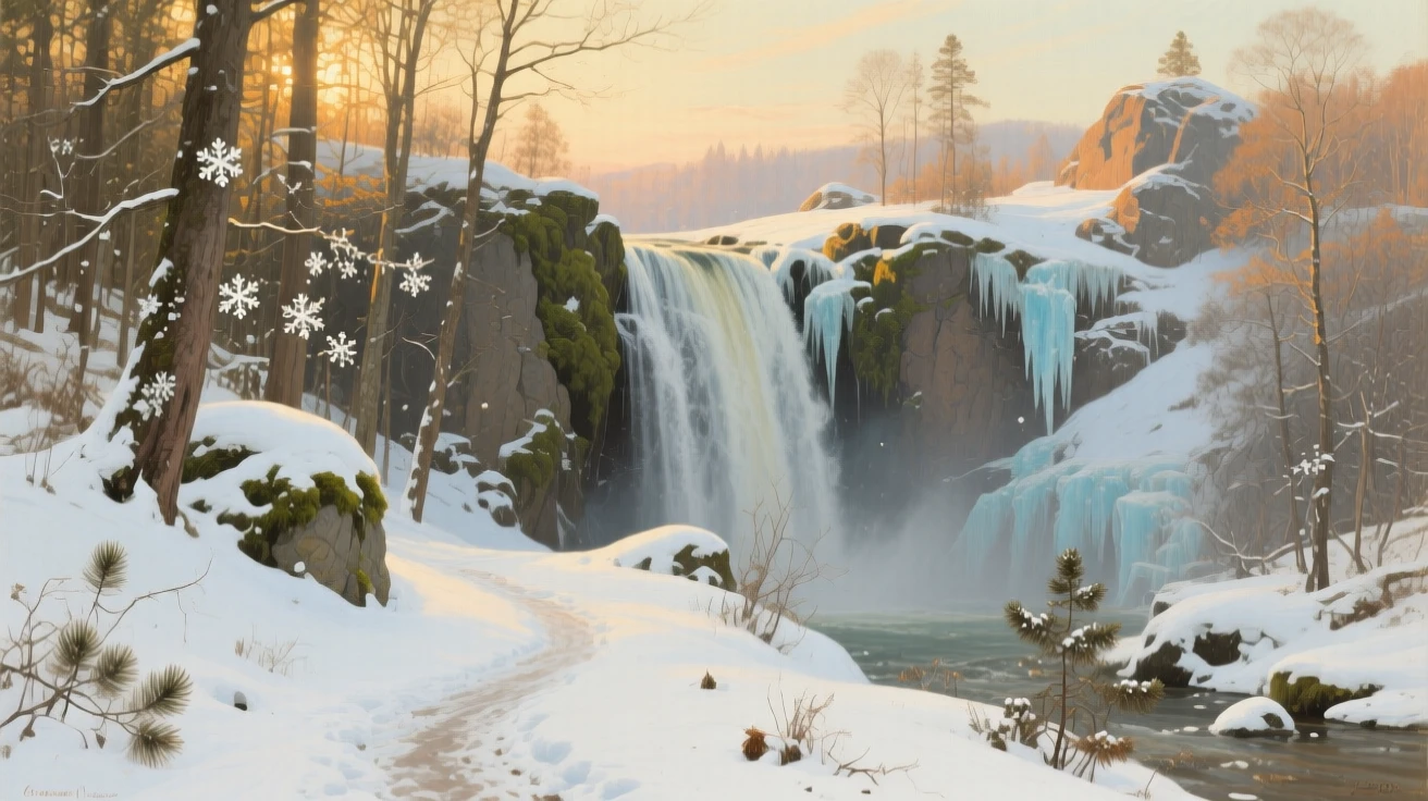 A sweeping wide shot of a hidden waterfall discovered at the end of a forest trail, under a fresh blanket of winter snow, at golden hour.