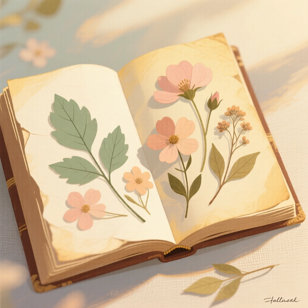A collection of pressed flowers kept between the pages of an old book