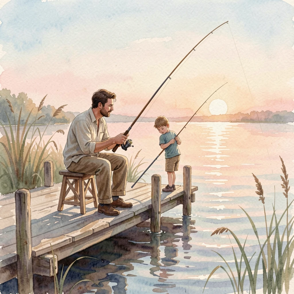 A father and son fishing from a quiet dock at sunrise with a gentle breeze and soft afternoon light.