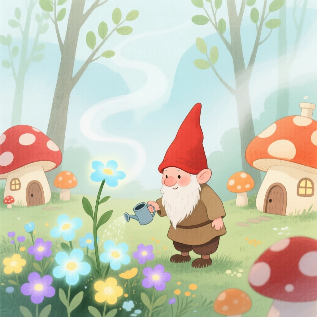 A tiny tiny gnome waters a garden of luminous flowers in a village of tiny mushroom houses, as a gentle mist curls through the trees
