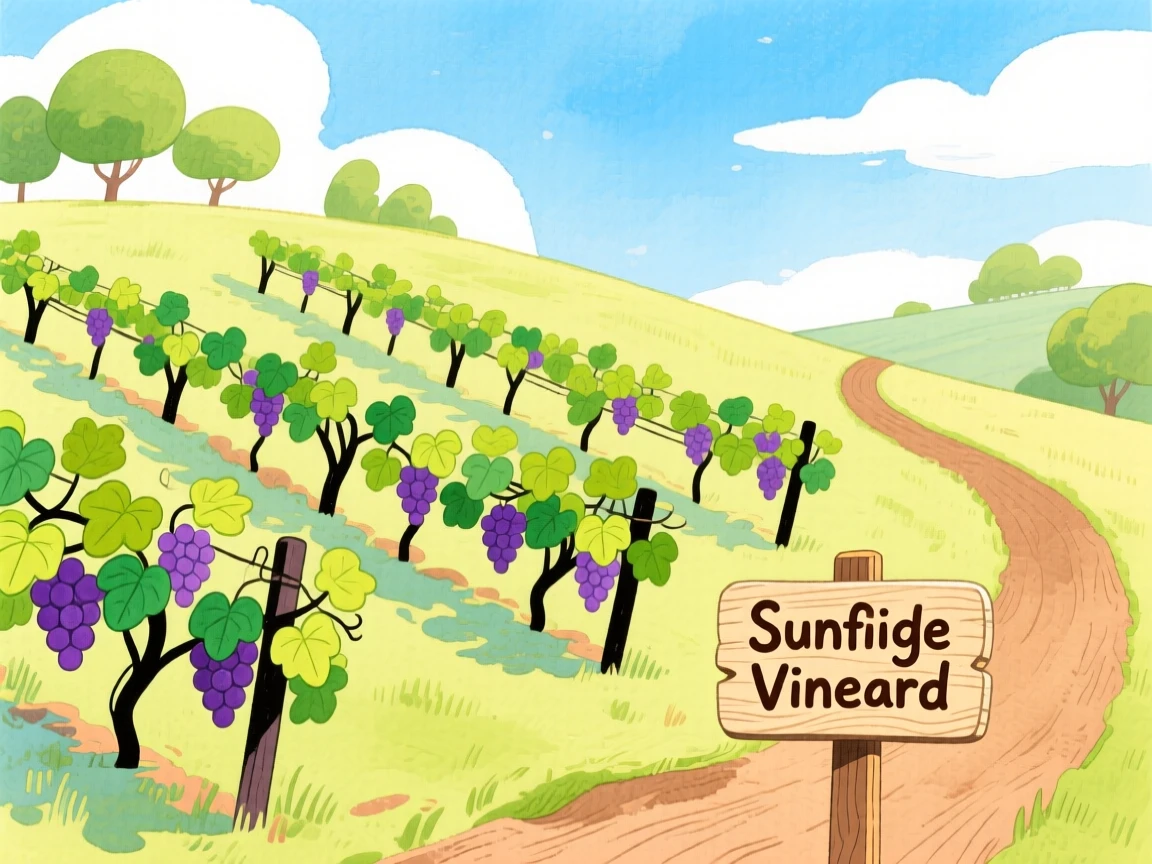 A charming scene of a hillside vineyard with rows of ripening grapes.