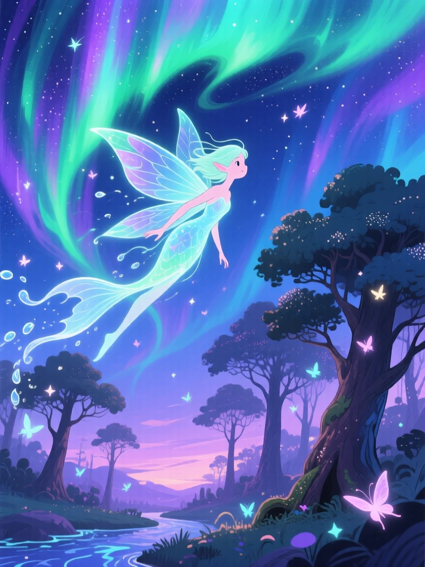 A luminous water sprite flying through a sky painted with the northern lights, in an enchanted forest at twilight, radiating gentle magic and wonder.