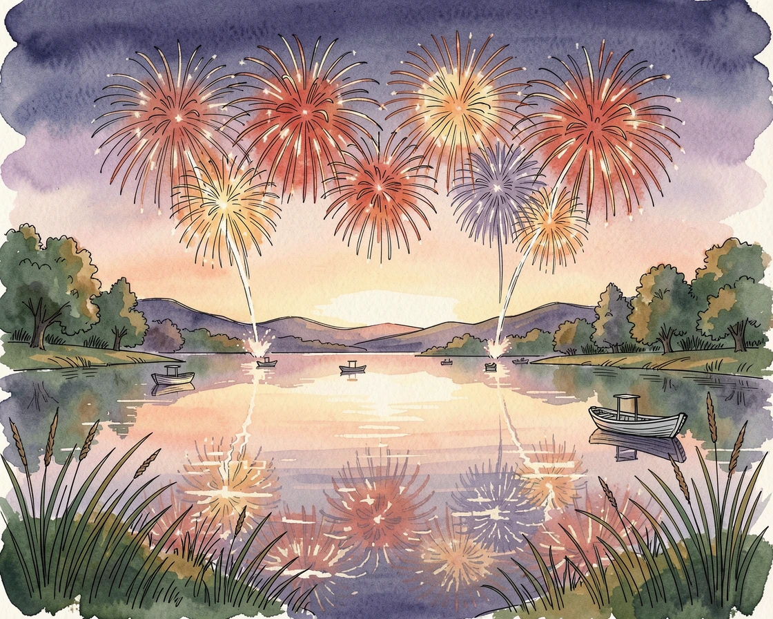 A summer fireworks show reflected in a calm lake, soft light and seasonal color bringing the moment to life.