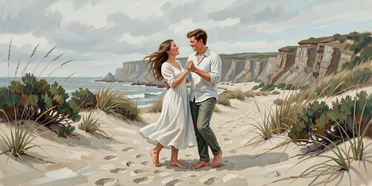 Along a windswept coastal path, a young couple dancing barefoot on a beach, a genuine, unguarded smile, during a soft, overcast afternoon.