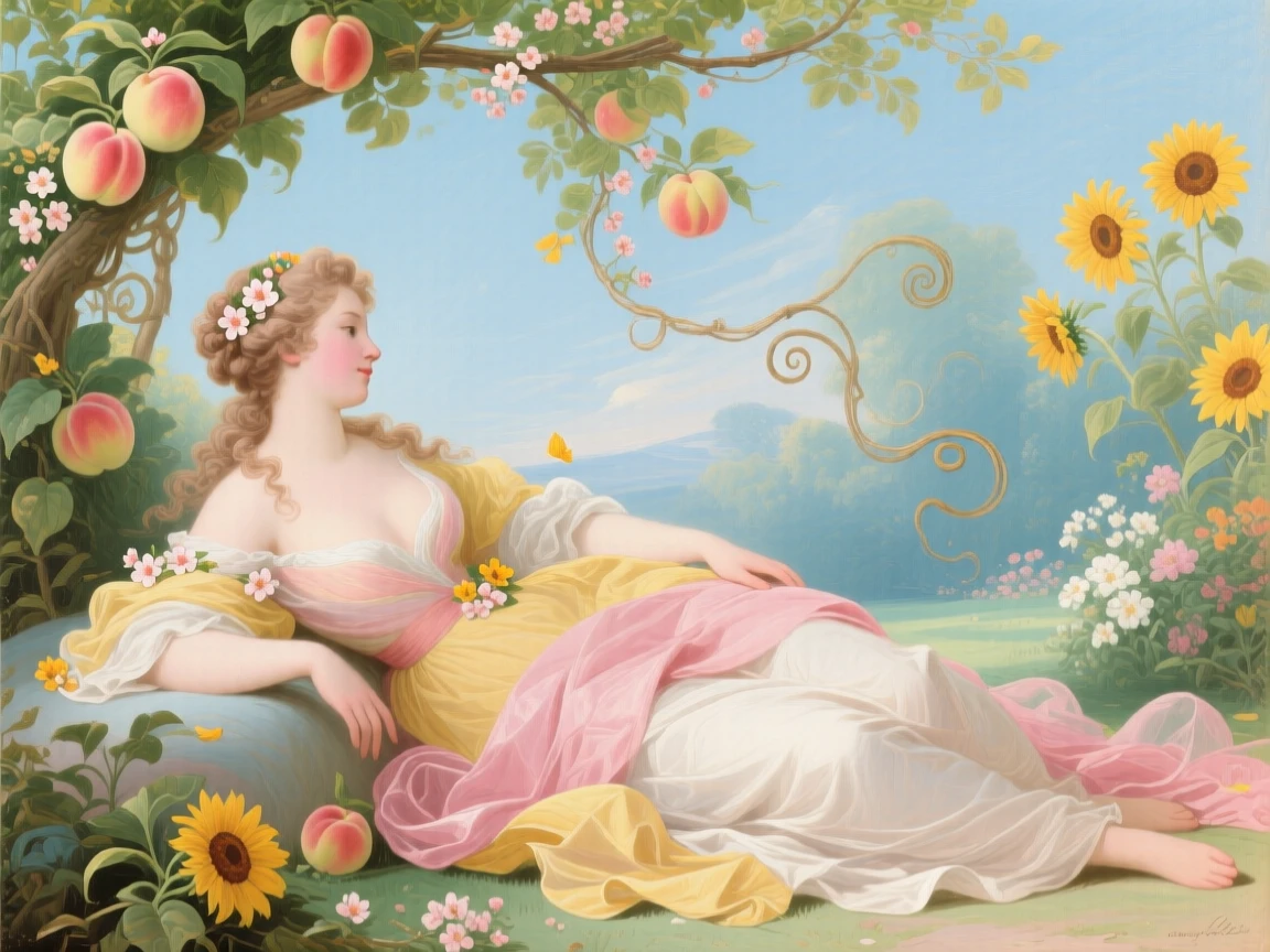 A lady representing summer, reclining beneath vines with peaches and sunflowers  