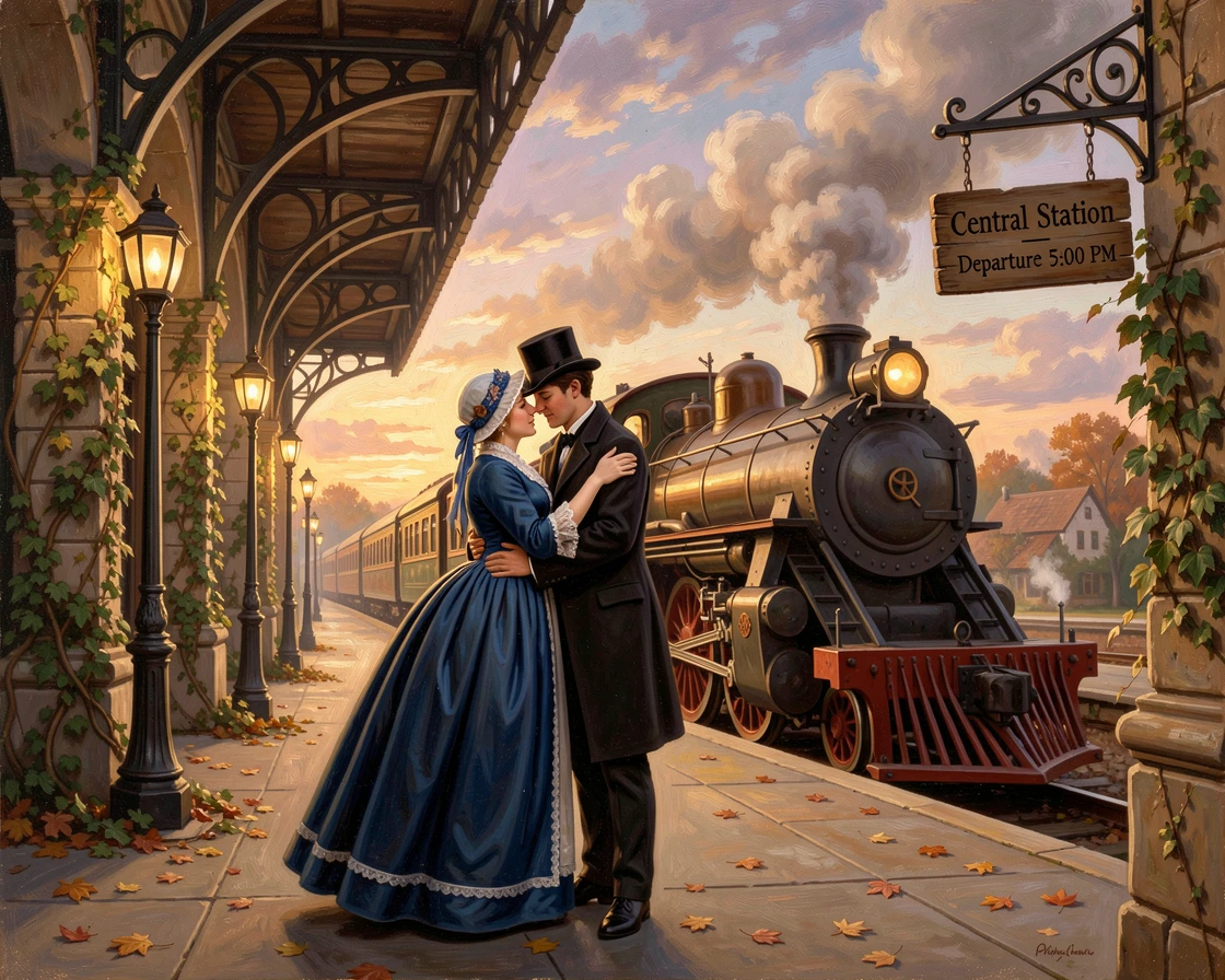 Two figures embrace at a train station as one prepares to depart.