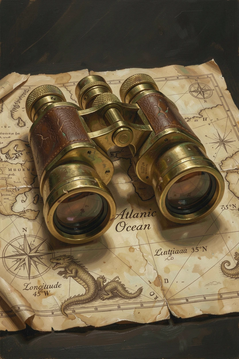 A pair of vintage binoculars resting on an antique nautical map, captured with meticulous attention to material and craftsmanship, radiating warmth, richness, and understated opulence