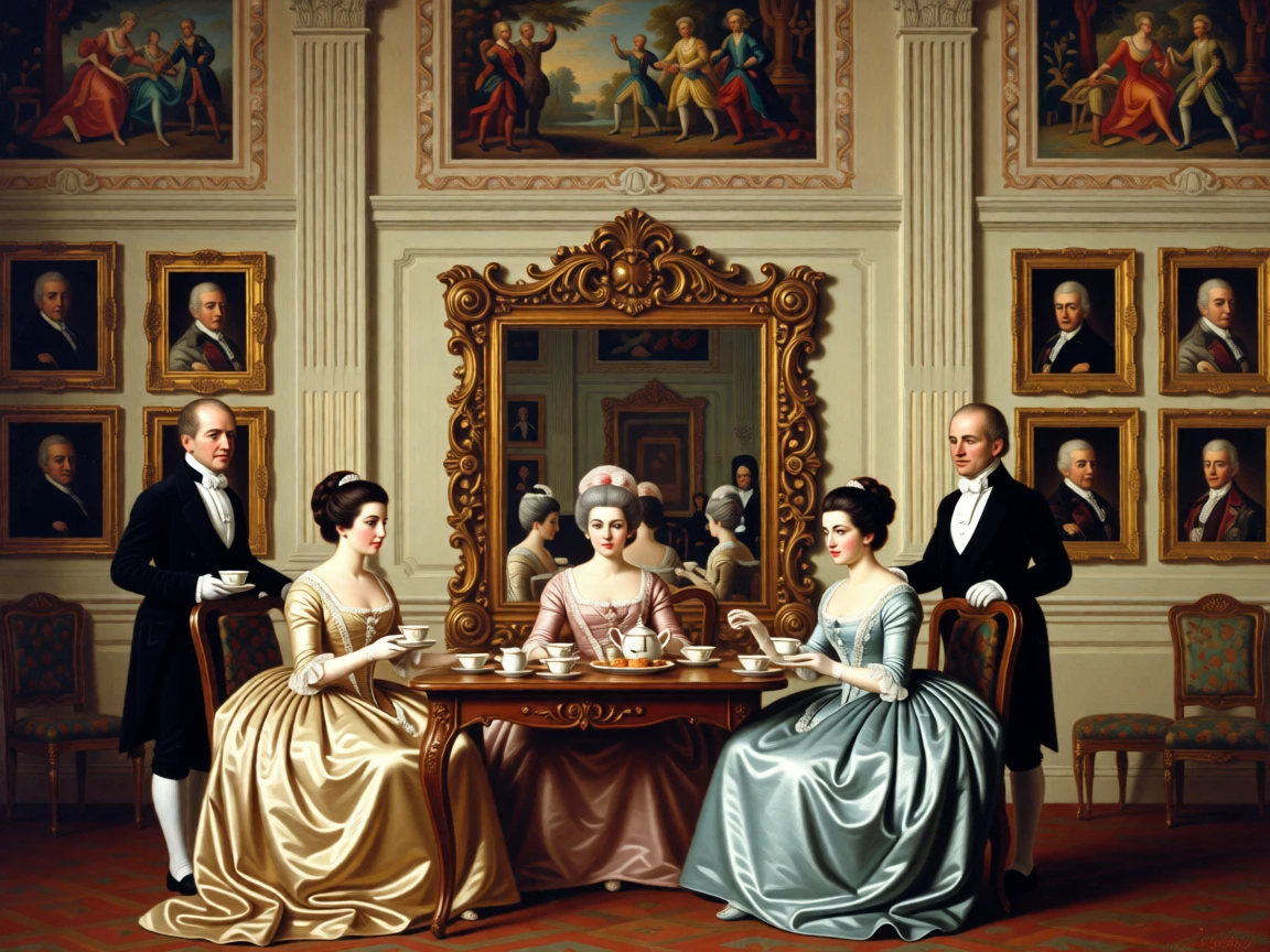 A group of aristocrats engaged in animated conversation over afternoon tea in a moment of quiet, practiced grace, set in a frescoed reception hall lined with marble columns, with portraits of ancestors watching from gilded frames; a mirror in the background subtly doubles the scene's elegance, suggesting both splendor and the fleeting nature of such moments.