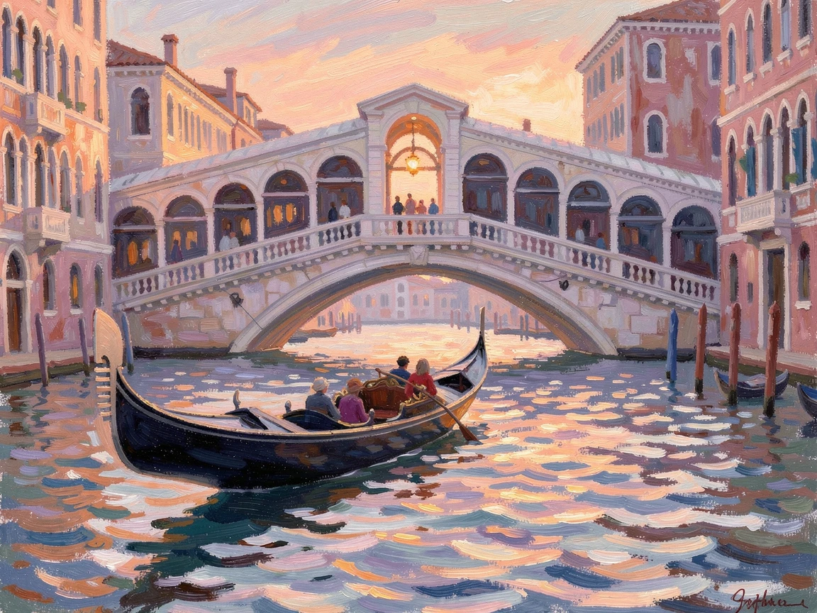A traditional gondola gliding beneath the Rialto Bridge as the last light of day fades over Venice, inspiring awe at the beauty of the scene.