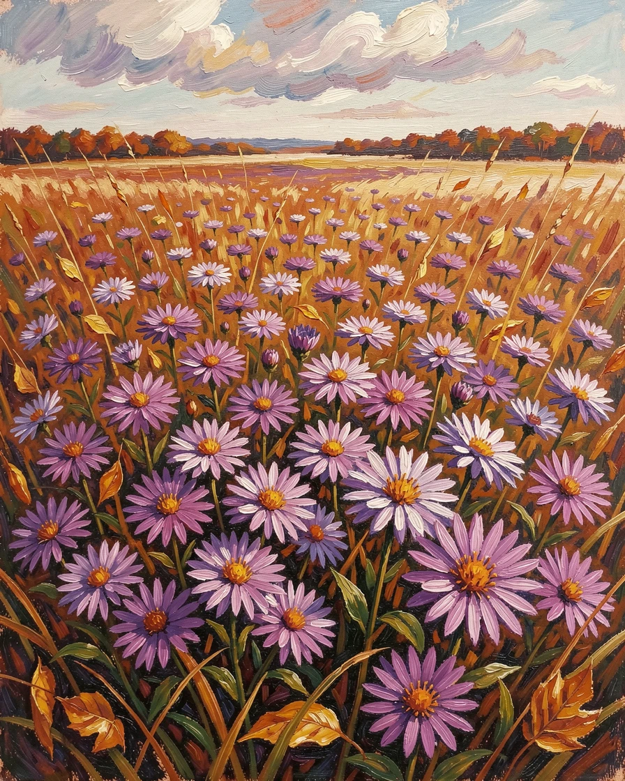 A field of wild asters blooming in shades of purple as autumn approaches.