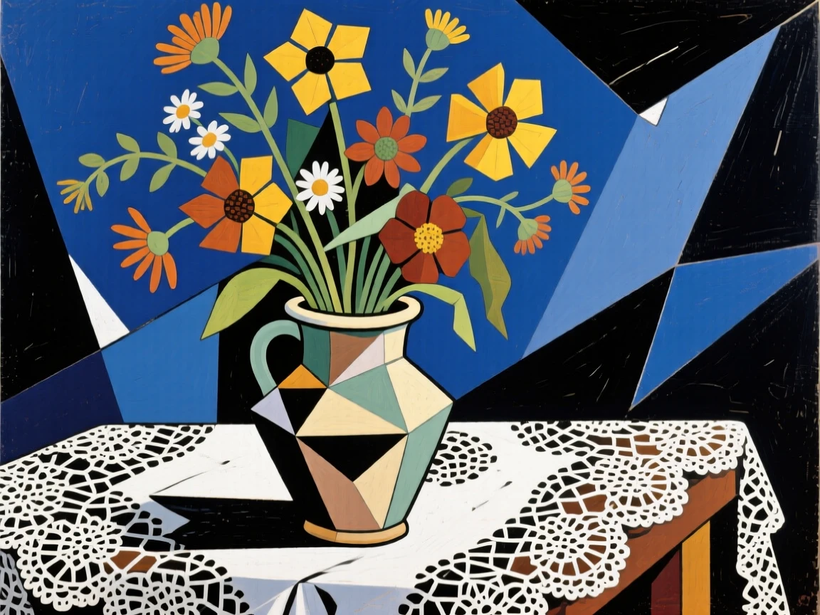A bouquet of wildflowers in a ceramic vase beside a lace tablecloth.