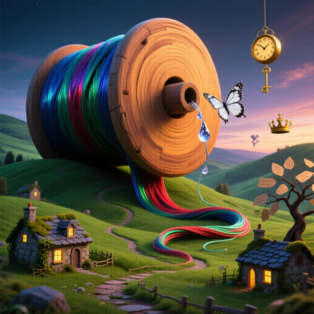 A massive spool of thread unraveling across rolling green hills towers silently over a scattering of small stone cottages, while tiny paths have been worn into the ground around it.
