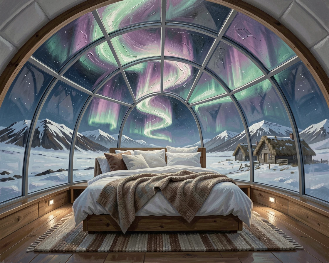 A modern Icelandic glass igloo interior shows a cozy bed positioned perfectly to view the aurora borealis dancing through the transparent domed ceiling, local life visible in the background, adding a quiet sense of authenticity to the scene.