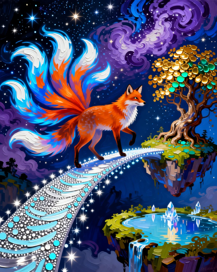 a spirit fox with nine glowing tails crossing a bridge of starlight between two floating islands
