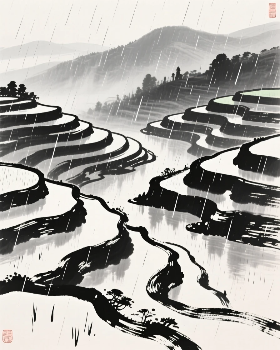 A summer rain shower sweeps across a valley of terraced fields, as heat shimmers faintly above the fields.
