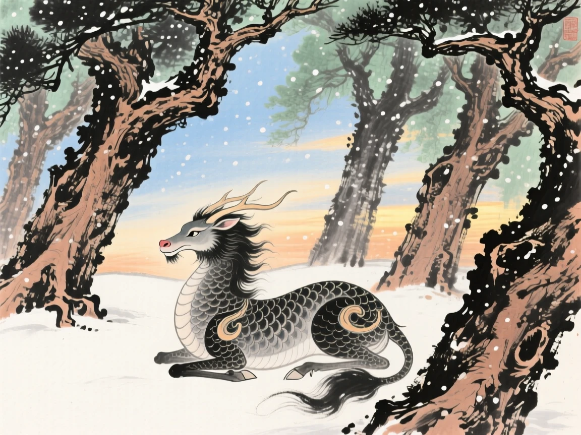 A mythical qilin resting beneath a grove of ancient sacred trees, in the last golden light of day, beneath softly falling snow.