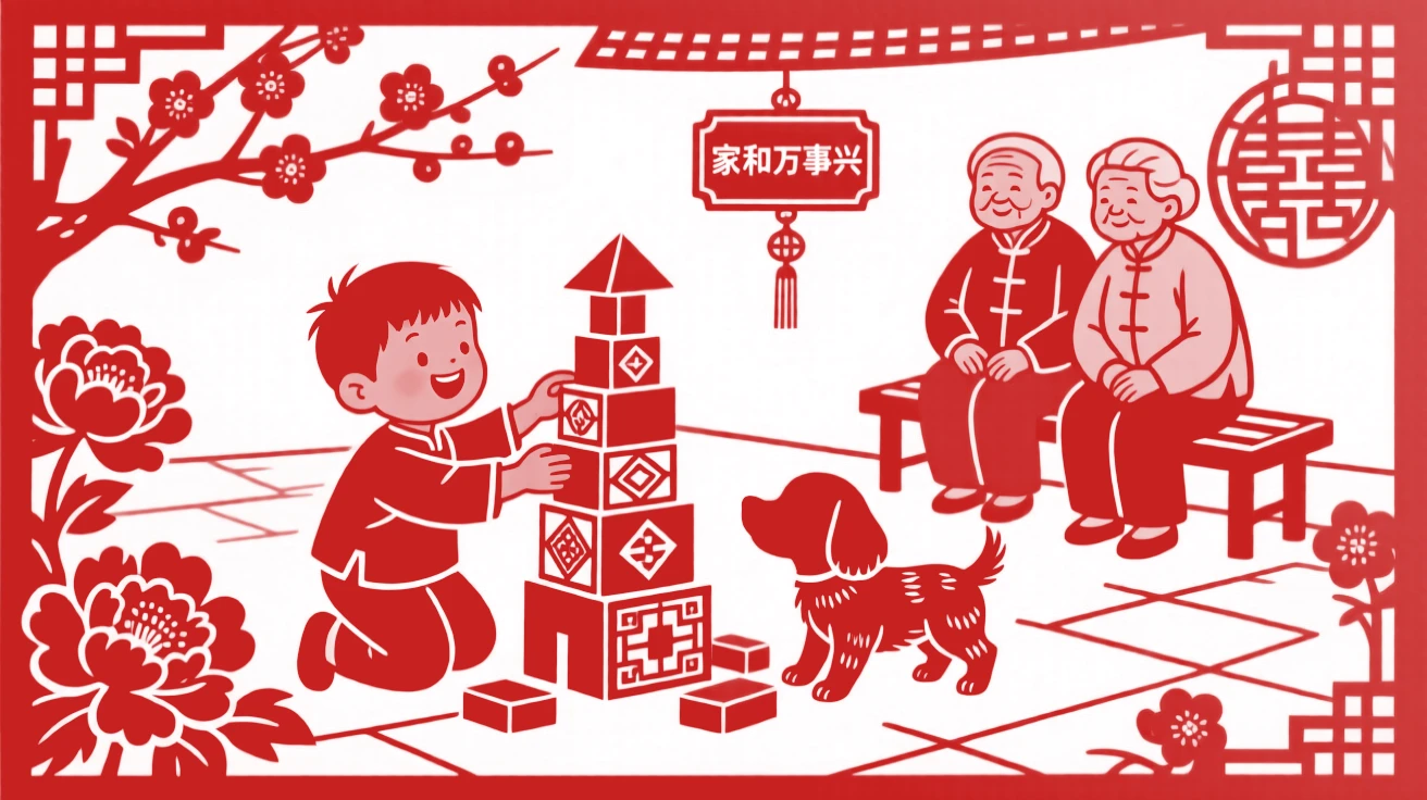 A boy and his puppy, building a small tower of blocks in a courtyard, grandparents watching fondly from a nearby bench.