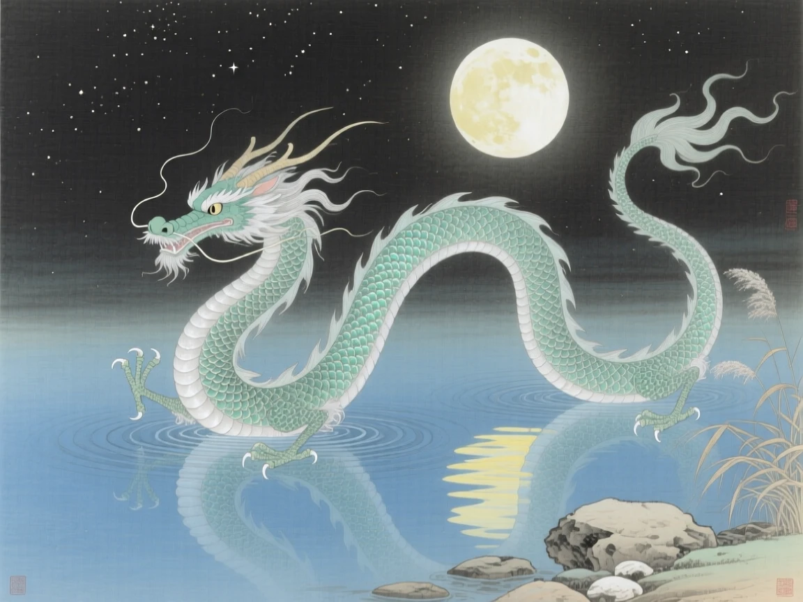 A serpentine water dragon with shimmering scales over a calm lake reflecting the full moon