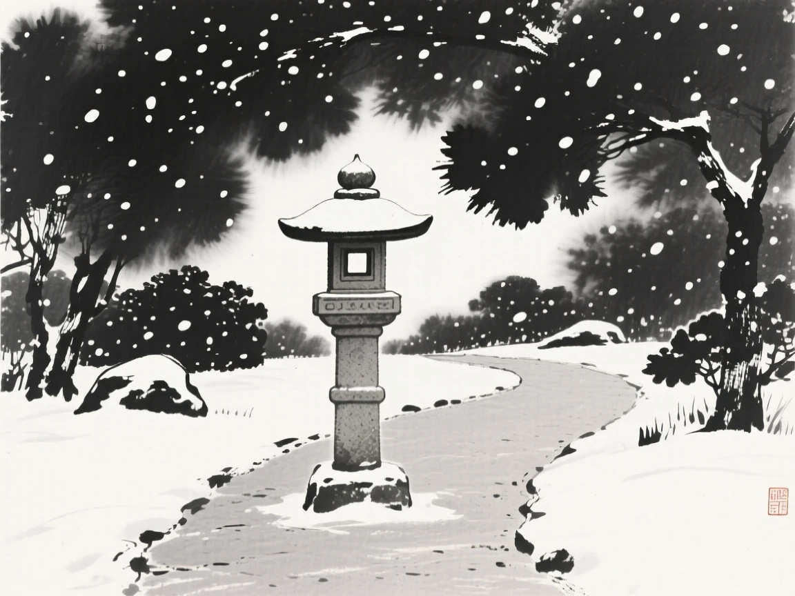 A stone lantern along a garden path beneath a canopy of falling snow, framed symmetrically along a central path, capturing a serene blend of nature and human presence.