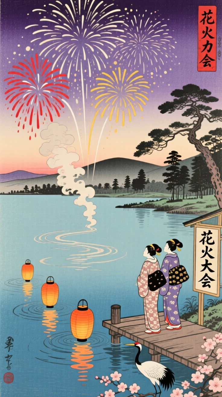 Fireworks over a calm lake sending lanterns onto a calm river at dusk.