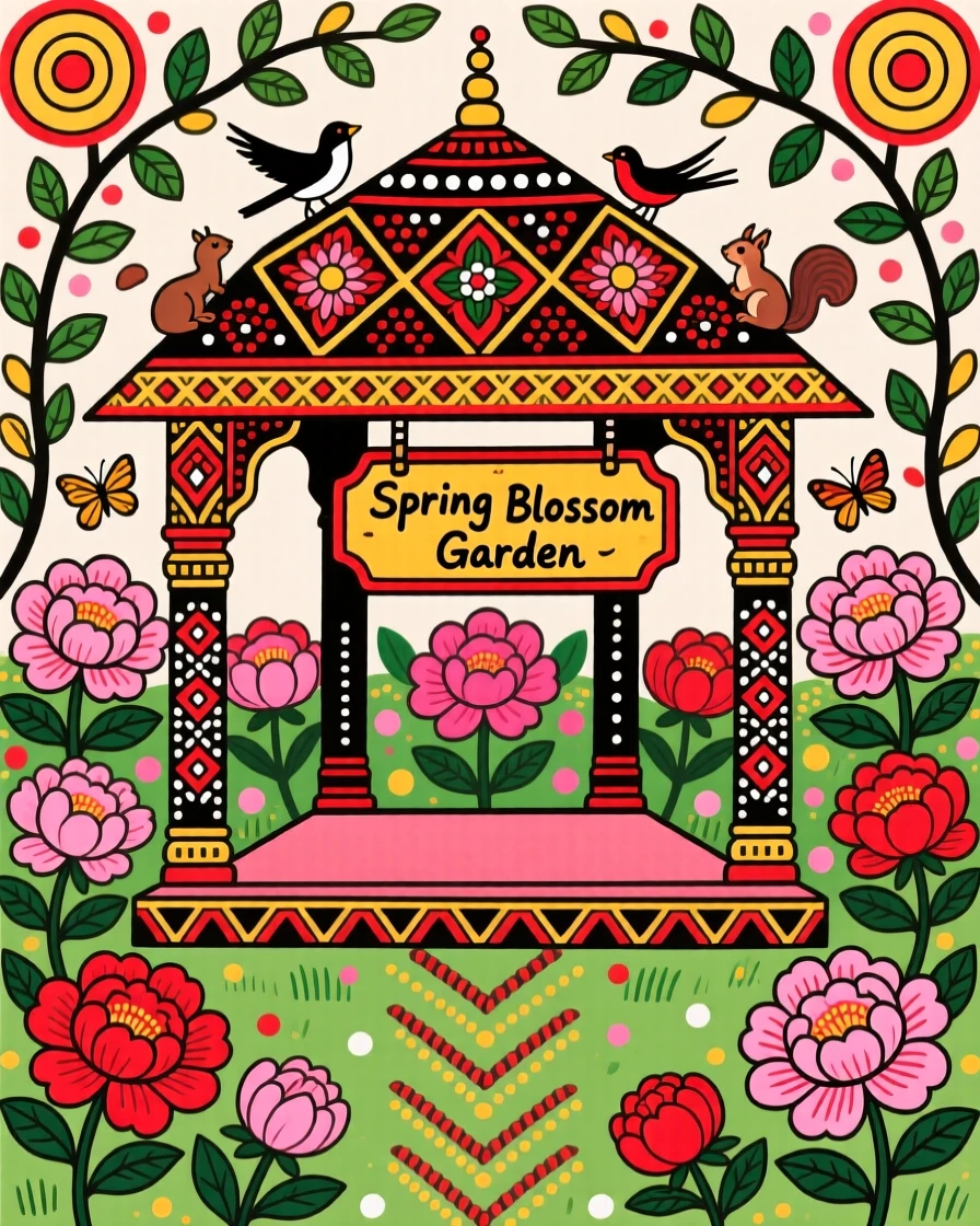 A garden pavilion surrounded by blooming peonies in full spring bloom.