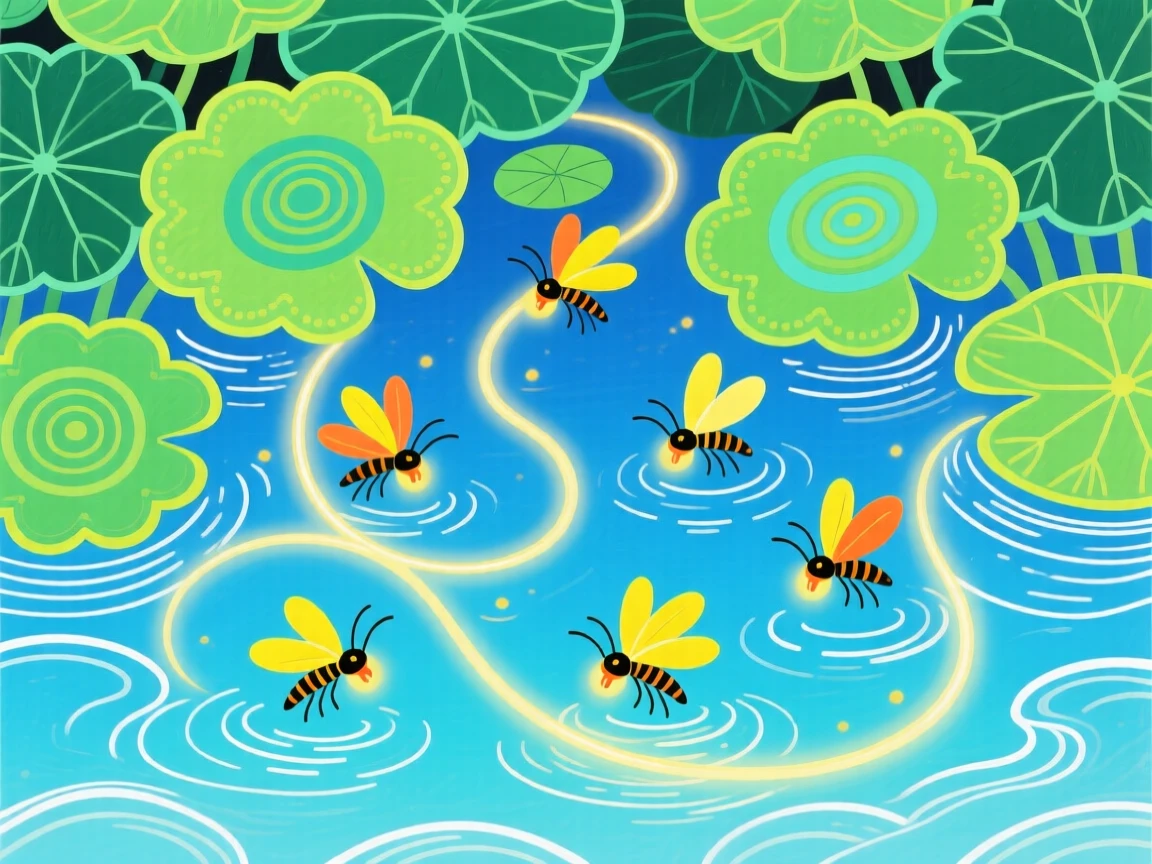 A cluster of fireflies gliding through clear water beneath lily pads.