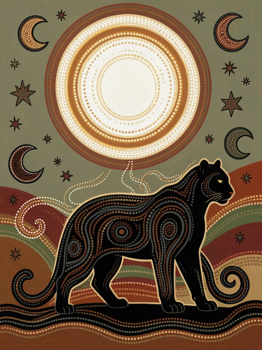 A shadow panther illuminated beneath a full moon