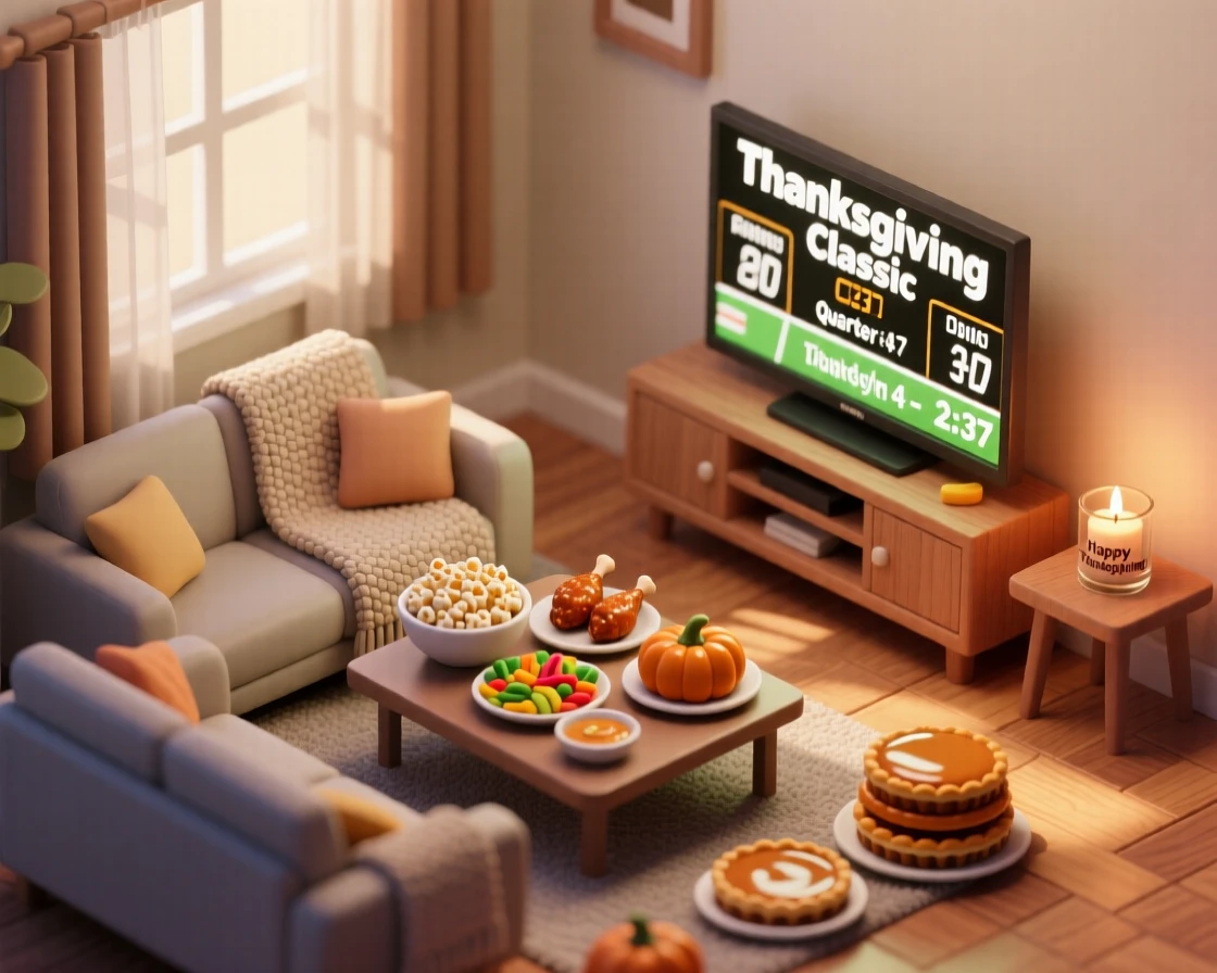 A Thanksgiving football gathering with a television glowing in a cozy living room, snacks spread across a coffee table.