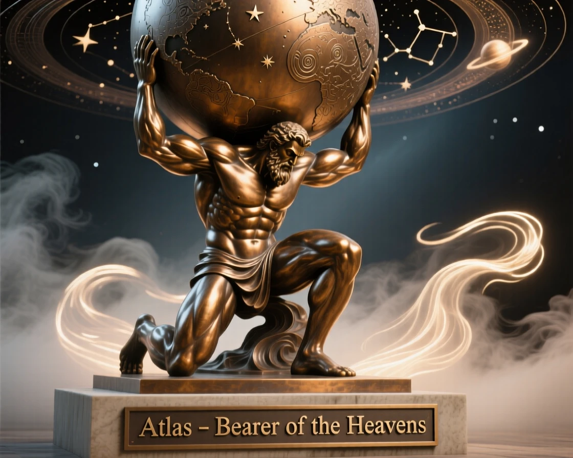 Atlas holding the weight of the heavens, surrounded by swirling mist and light, radiating awe and grandeur