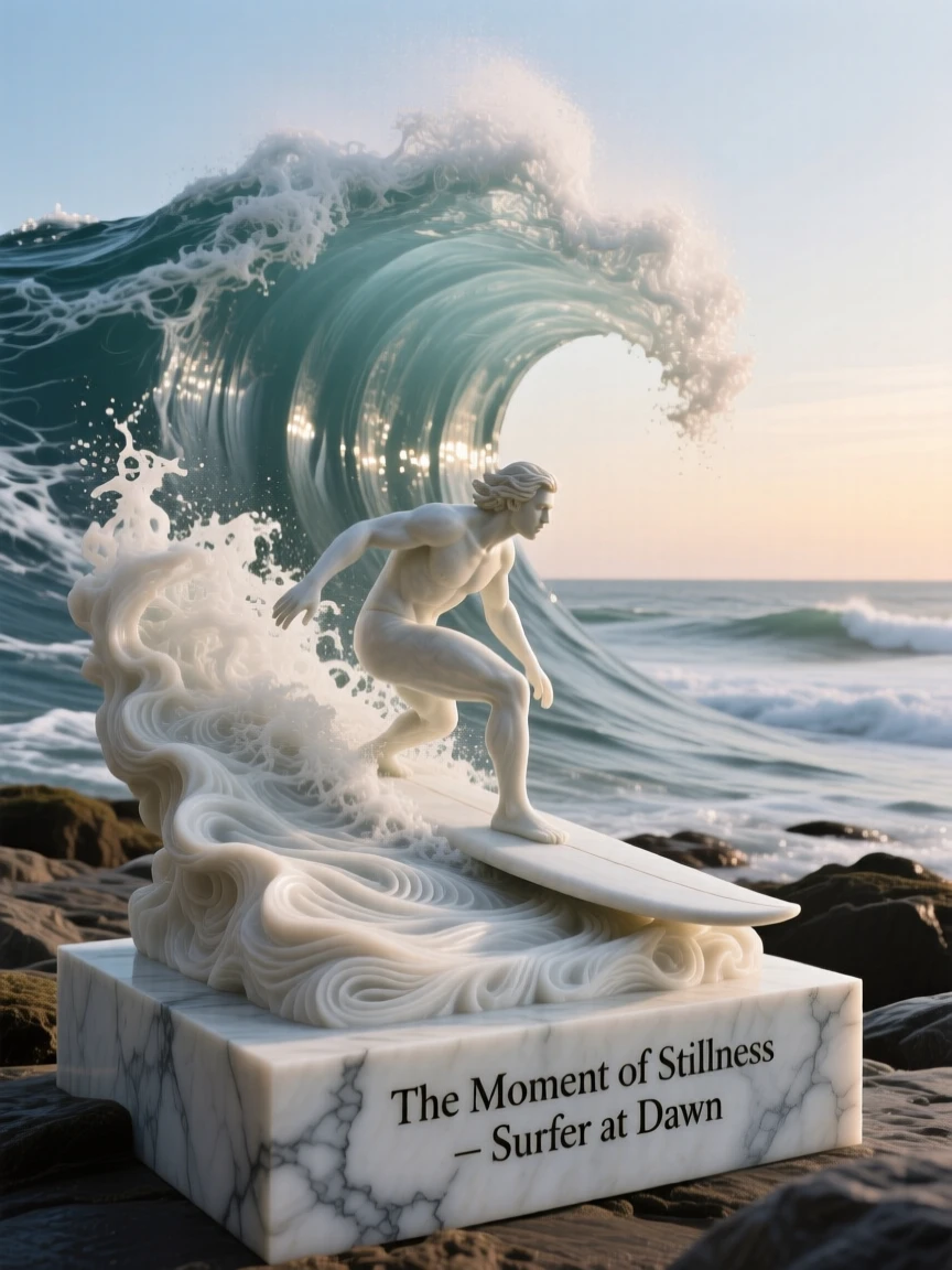 A vivid, emotionally rich scene of a surfer riding a towering wave at dawn, in a moment of quiet stillness, designed to captivate and inspire