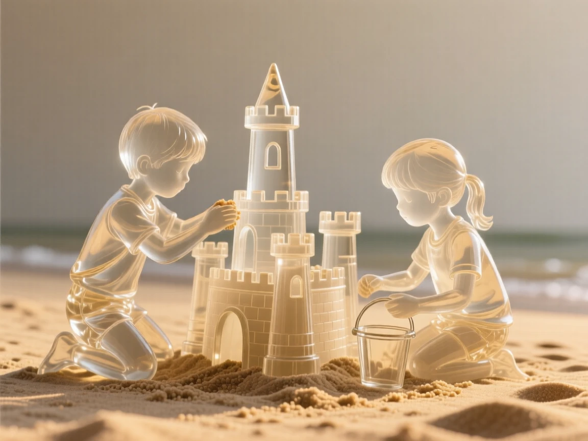 Two children building a sandcastle together on a quiet beach, as golden light spills across the room