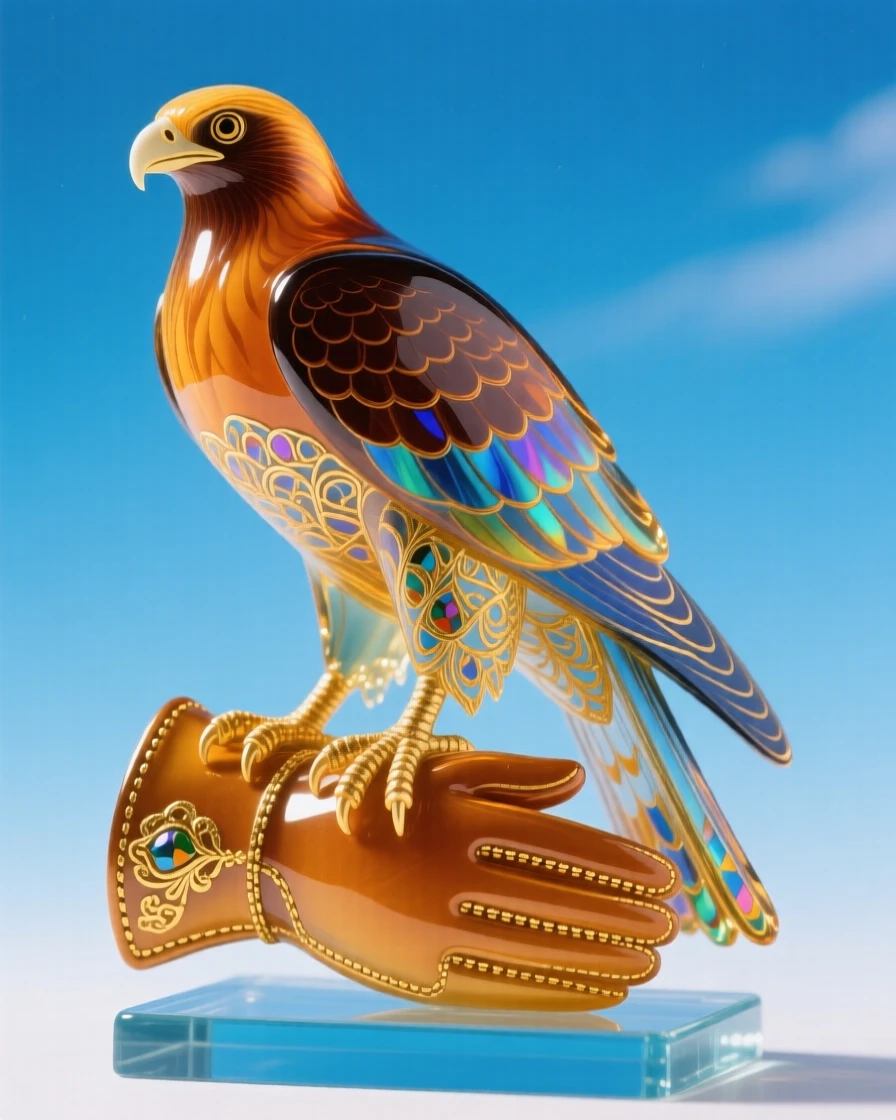 A lone falcon perched on a falconer's glove against a clear blue sky, noble and poised.