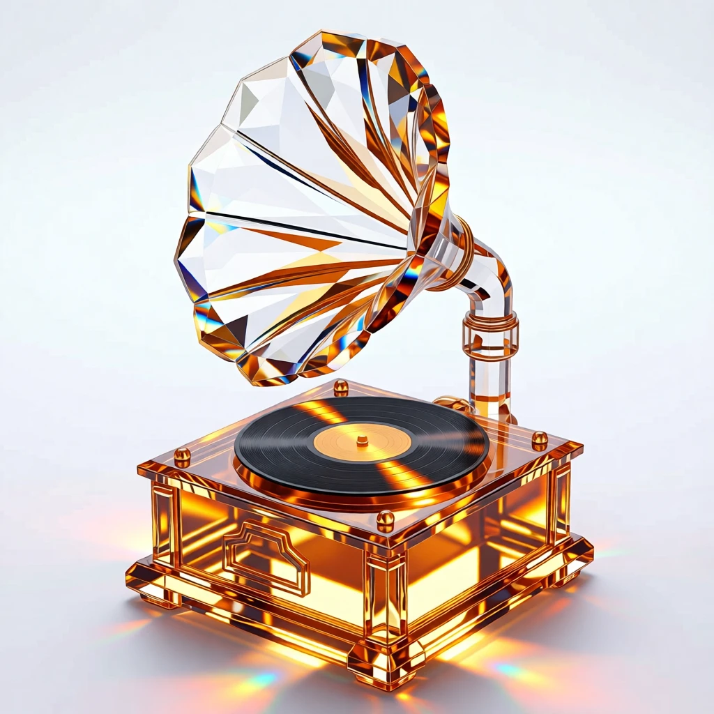 A vintage record player with a vinyl spinning under warm amber light.