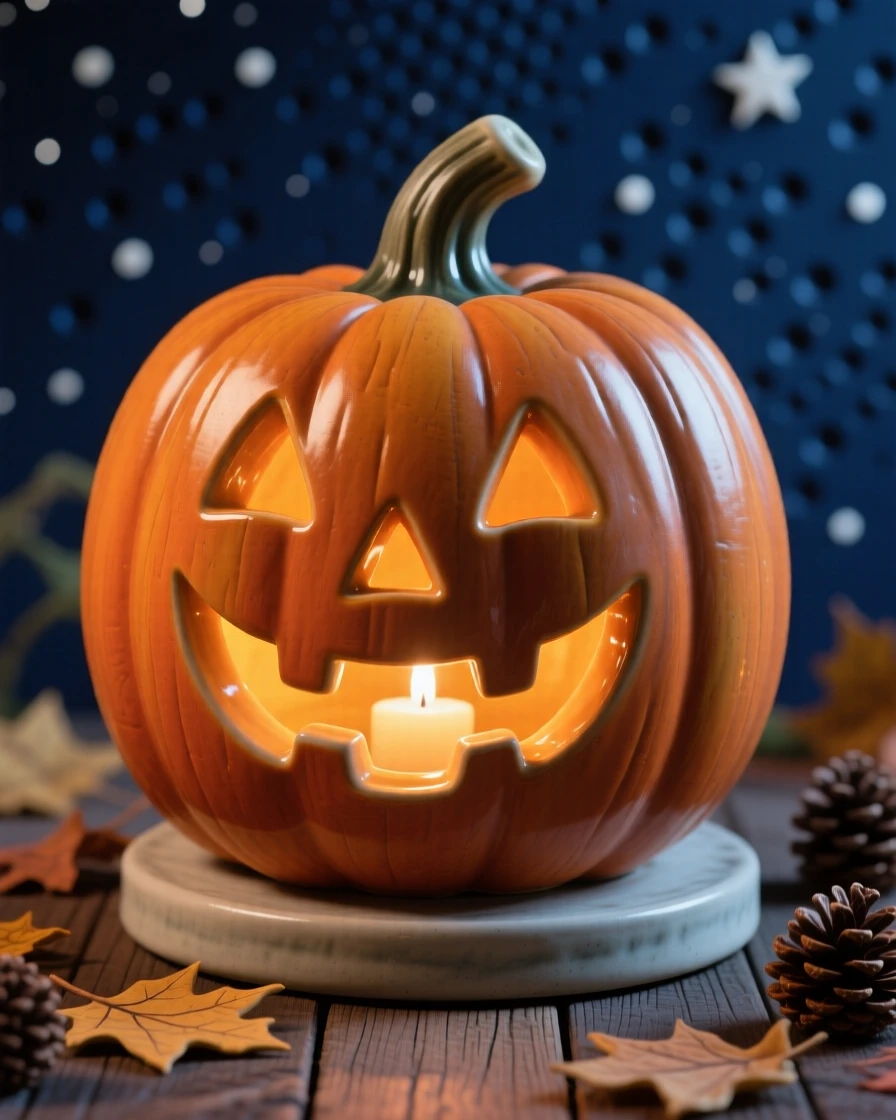 A jack-o-lantern with a cheerful carved grin set within a cozy festive scene, glowing softly under a starlit sky, radiating cheerful holiday spirit.