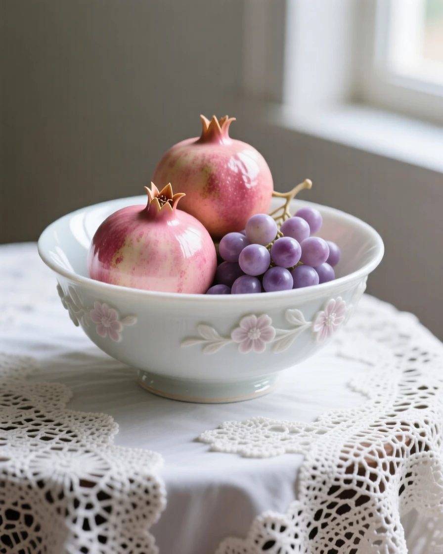A refined still-life arrangement of a bowl of pomegranates and grapes on a lace tablecloth, soft window light falling across the scene.