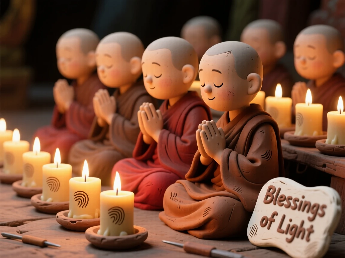A group of monks chanting beside rows of glowing butter lamps
