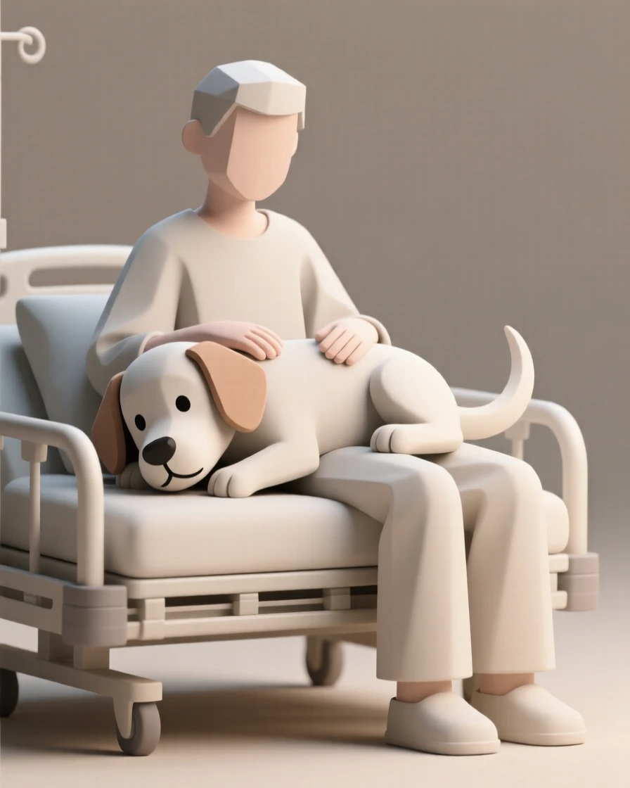 A gentle therapy dog rests its head on a hospital patient's lap, offering quiet comfort during a long stay.