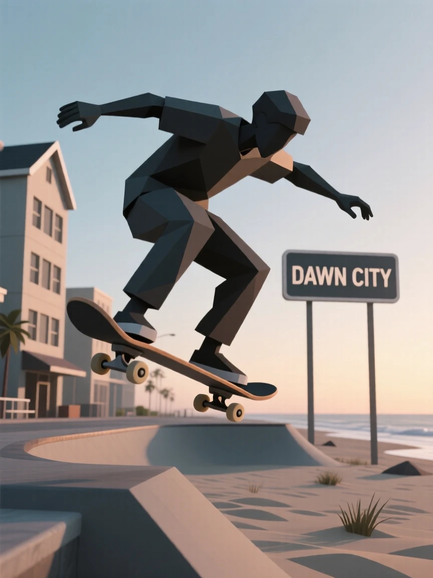 A skateboarder mid-trick against an urban backdrop, on a windswept beach at dawn. fine details in expression bring the moment to life. It captures a feeling of quiet triumph.
