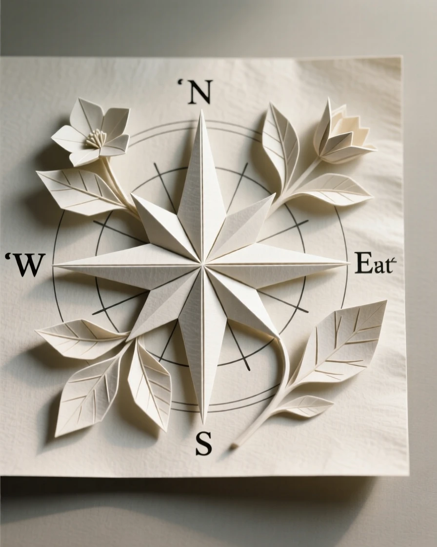 An elegant floral compass design combining botanical and nautical motifs.