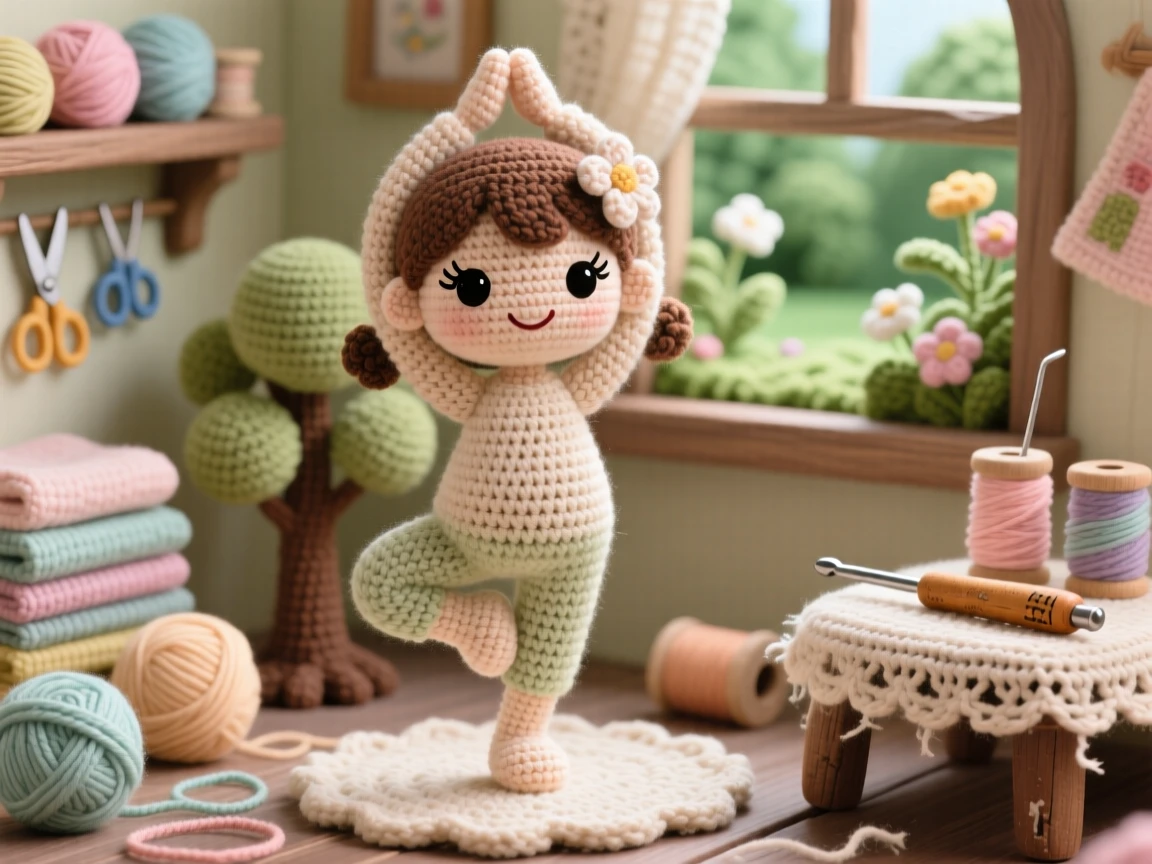 A cheerful scene of a little girl doing yoga in a garden with a calm, centered expression, holding a gentle tree pose within a cozy craft room filled with supplies; a favorite well-worn tool resting close by nearby, full of focused determination and quiet pride.
